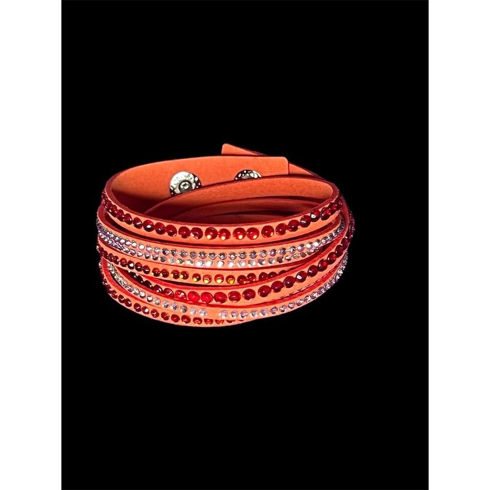 Women's Orange Leather Wrap Bracelet with Rhinestones Adjustable Snap Cl… - Picture 4 of 10